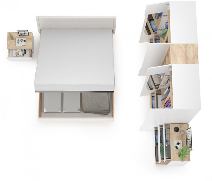 Муссон Спальня № 05, цвет белый/дуб эндгрейн элегантный/искусственная кожа белая, подъёмный ортопед, сп. м. 1600х2000 мм., б/м