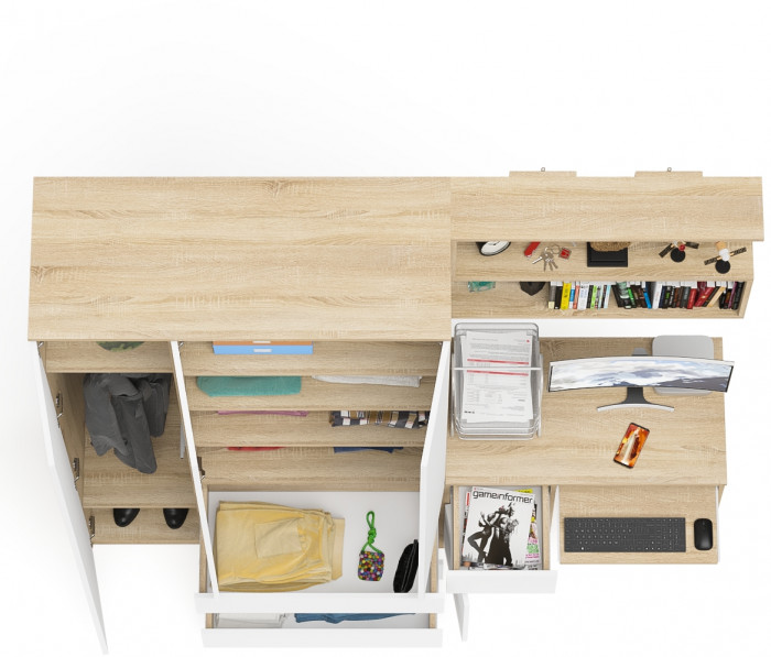 Мори компьютерный стол МС-1 левый + Шкаф МШ1200.1 + Полка 900, дуб сонома/белый