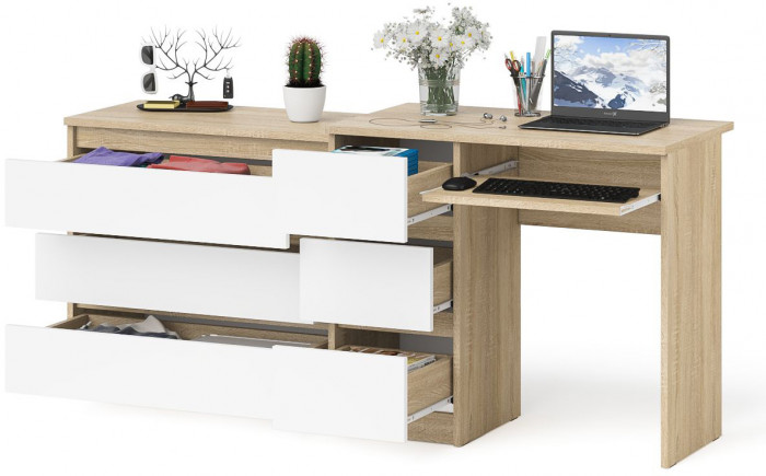 Мори компьютерный стол МС-6 левый + Комод МК800.1, дуб сонома/белый