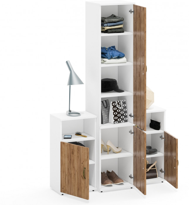 Лидер-8 Пенал МД 22Б + Тумба МД 3.19 + Тумба МД 3.19, цвет белый шагрень/крафт золото, ШхГхВ 120х37,5х190 см., универсальная сборка