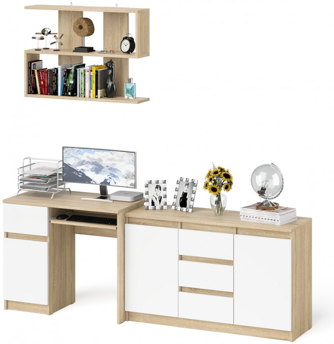 Мори компьютерный стол МС-1 левый + Комод МК1200.3 + Полка 900, дуб сонома/белый