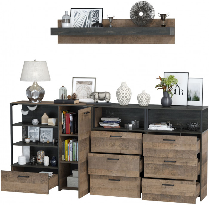 Трувор Гостиная 008, цвет дуб гранж песочный/интра, ШхГхВ 241х37х195 см., универсальная сборка