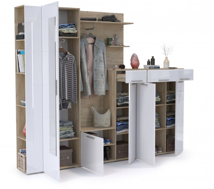 Лайн Прихожая № 11, цвет дуб крафт серый/фасады МДФ белый глянец, ШхГхВ 256,8х35,1х210 см., НЕ универсальная сборка