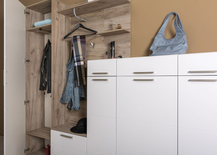 Лайн Прихожая № 11, цвет дуб крафт серый/фасады МДФ белый глянец, ШхГхВ 256,8х35,1х210 см., НЕ универсальная сборка