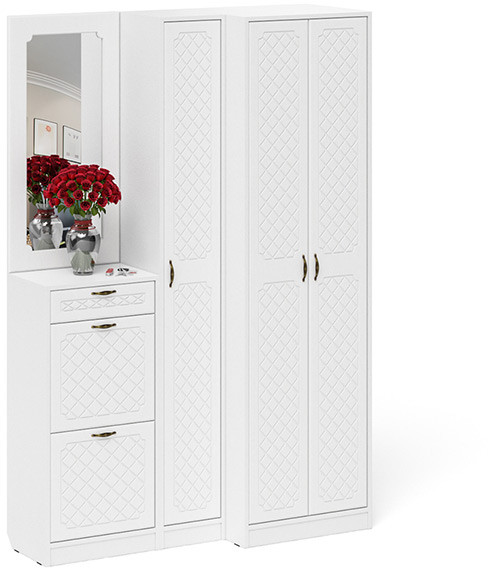 Прихожая П-6 Компоновка № 29, белая шагрень/фасады МДФ белое дерево фрезеровка ромб