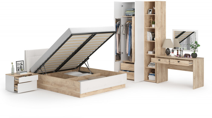 Муссон Спальня № 06, цвет белый/дуб эндгрейн элегантный/искусственная кожа белая, подъёмный ортопед, сп. м. 1600х2000 мм., б/м