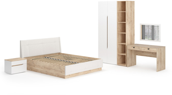 Муссон Спальня № 06, цвет белый/дуб эндгрейн элегантный/искусственная кожа белая, подъёмный ортопед, сп. м. 1600х2000 мм., б/м