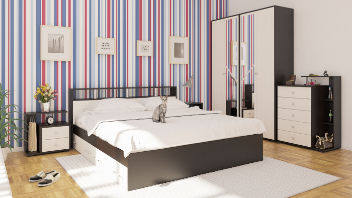 Камелия спальня № 11 Кровать с ящиками 1800 + Две тумбы + Комод + Шкаф 4-х створчатый, венге/дуб лоредо