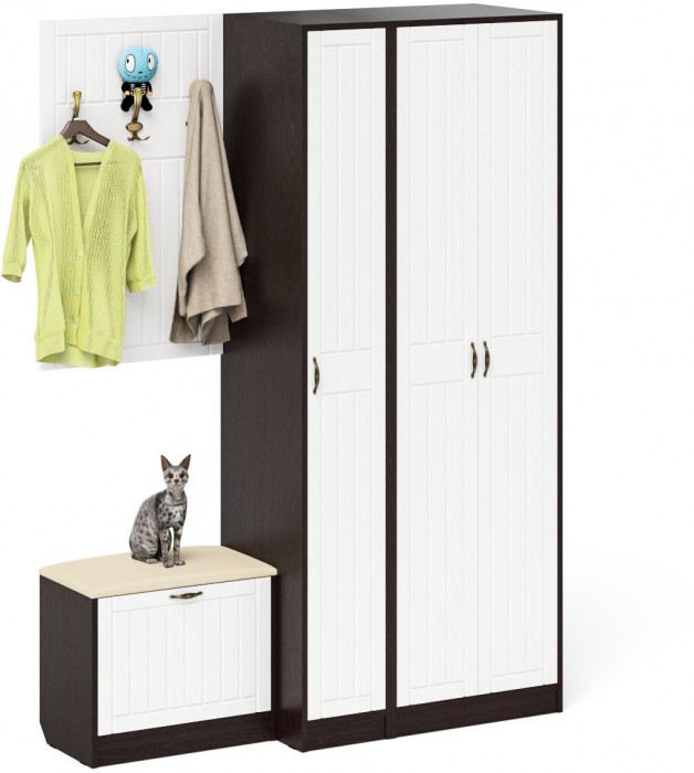 Прихожая П-6 Компоновка № 47, цвет венге/фасады МДФ белое дерево фрезеровка прованс, ШхГхВ 150х50х210 см., универсальная сборка