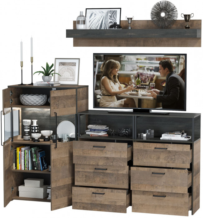 Трувор Гостиная 009, цвет дуб гранж песочный/интра, ШхГхВ 217,8х37х195 см., универсальная сборка, есть светодиодная подсветка