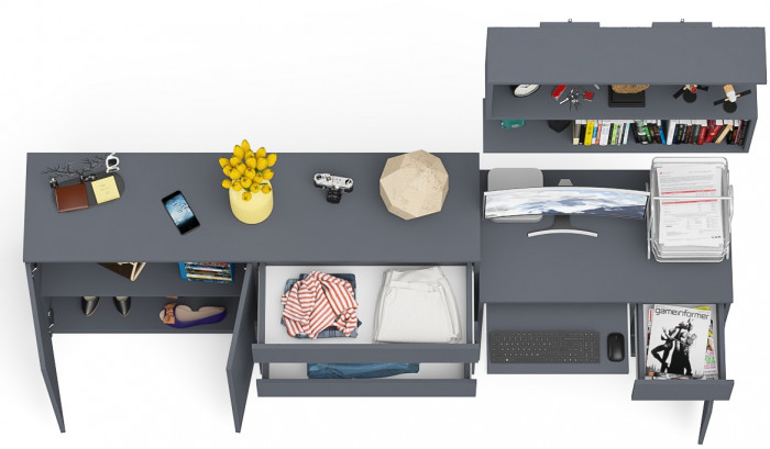 Мори компьютерный стол МС-1 правый + Комод МК1600.1 + Полка 900, графит