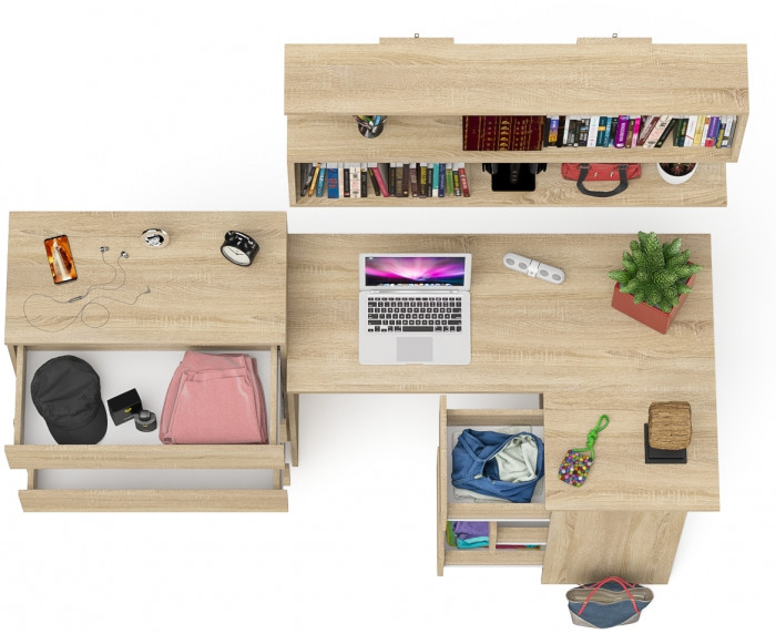 Мори компьютерный стол МС-16 правый + Комод МК800.4 + Полка 1200, дуб сонома