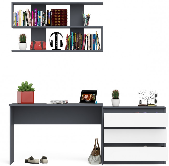 Мори Стол письменный МСП1200.1 + Комод МК800.1 + Полка 1200, цвет графит/белый, ШхГхВ 200,8х50х209,6 см., универсальная сборка