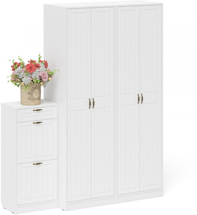 Прихожая П-6 Компоновка № 13, цвет белая шагрень/фасады МДФ белое дерево фрезеровка прованс, ШхГхВ 170х50х210 см., универсальная сборка