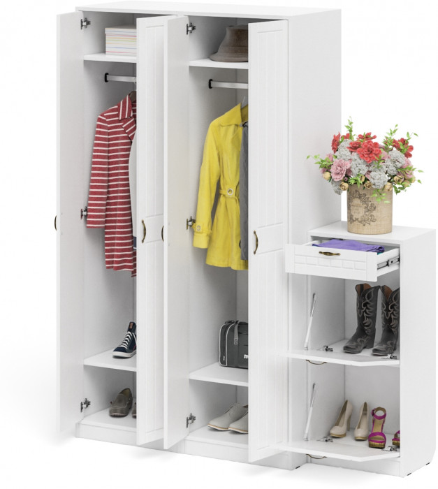Прихожая П-6 Компоновка № 13, цвет белая шагрень/фасады МДФ белое дерево фрезеровка прованс, ШхГхВ 170х50х210 см., универсальная сборка
