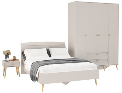 Афина Спальня Кровать 1400 + Шкаф 4-х дверный + Тумба, цвет кашемир серый, 144,6х210,2х95,7 + 160х56,3х220 + 45х37х45 см., 1400х2000, б/м, осн. есть