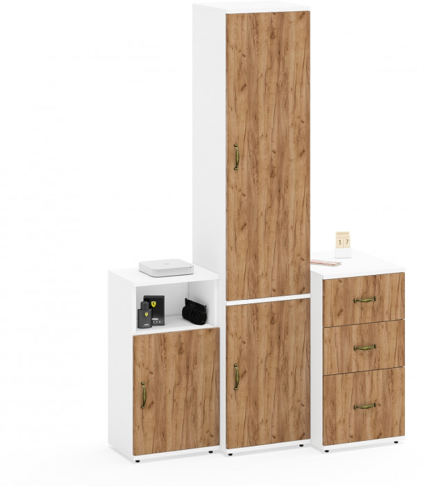 Лидер-8 Пенал МД 21Б + Тумба МД 3.16 + Тумба МД 3.19, цвет белый шагрень/крафт золото, ШхГхВ 120х50х190 см., универсальная сборка