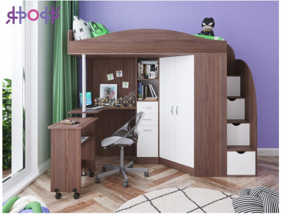 Кровать-чердак Юниор 4 (Ясень Анкор Темный/Белое дерево)