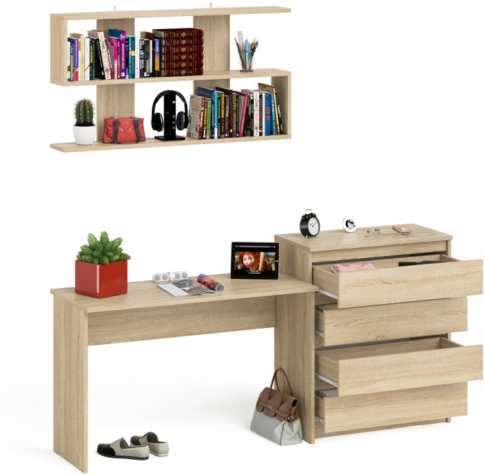 Мори письменный стол МСП1200.1 + Комод МК800.4 + Полка 1200, дуб сонома
