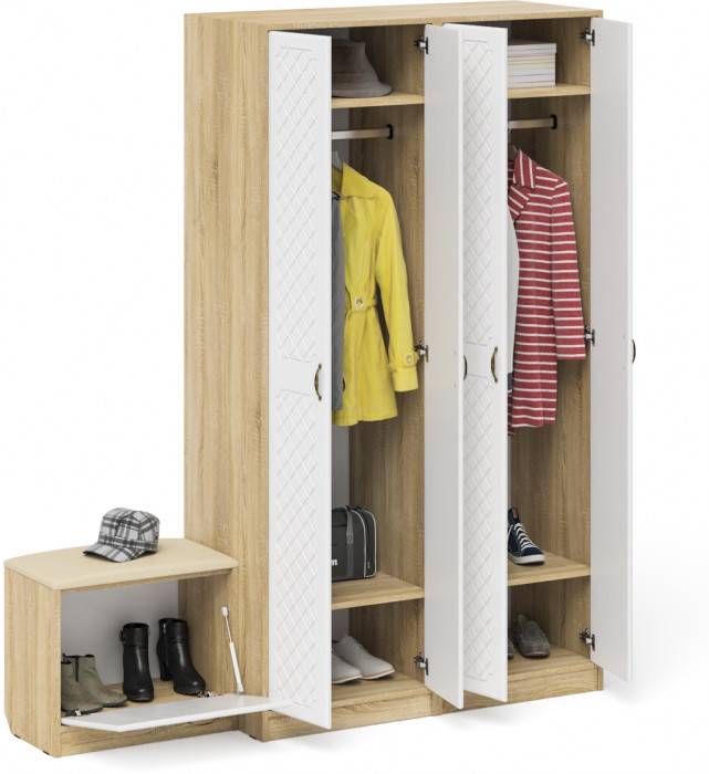 Прихожая П-6 Компоновка № 07, дуб сонома/фасады МДФ белое дерево фрезеровка ромб