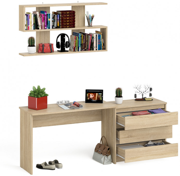 Мори Стол письменный МСП1200.1 + Комод МК800.1 + Полка 1200, цвет дуб сонома, ШхГхВ 200,8х50х209,6 см., универсальная сборка