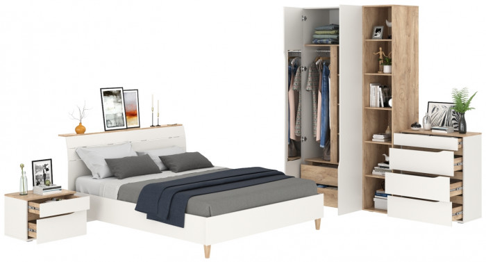 Муссон Спальня № 14, цвет белый/дуб эндгрейн элегантный, ортопед, сп. м. 1600х2000 мм., б/м