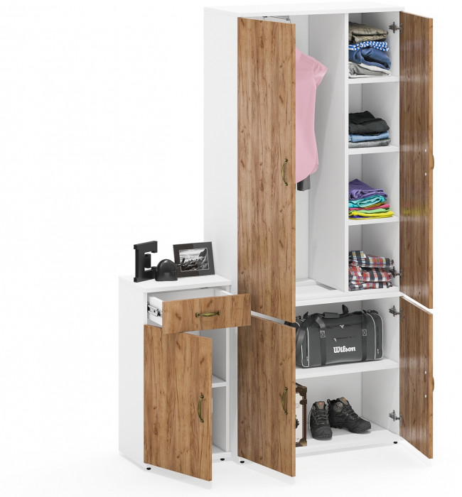 Лидер-8 Шкаф МД 20Б + Тумба МД 3.15, белый шагрень/крафт золото