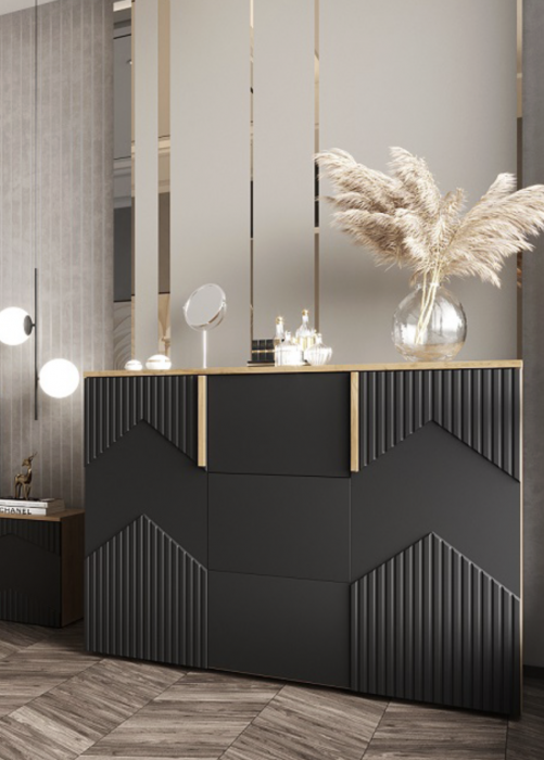 Комод 2 двери/3 ящика "Оливия" - Дуб наварра/Шагрень черная