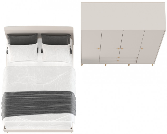 Афина Спальня Кровать 1400 + Шкаф 4-х дверный, цвет кашемир серый, ШхГхВ 144,6х210,2х95,7 + 160х56,3х220 см., сп.м. 1400х2000 мм., б/м, осн. есть