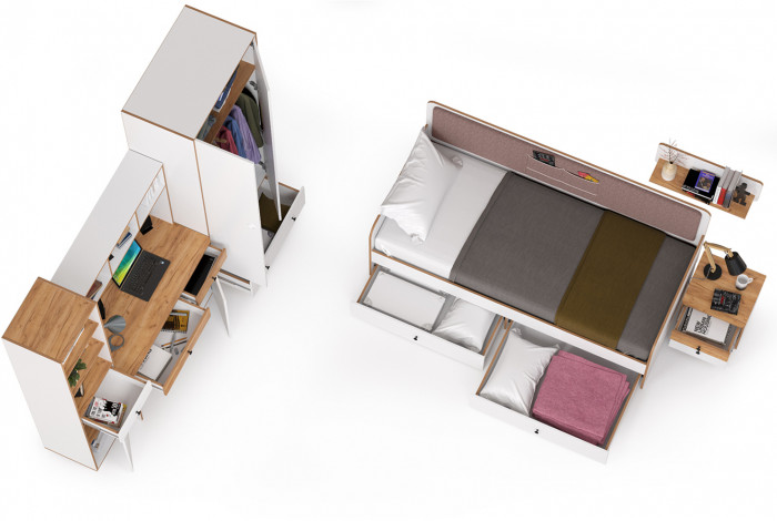 Вуди Компоновка № 35, цвет белый премиум/дуб крафт золотой/саванна латте, сп. м. 900х2000 мм., б/м, основание есть, матрас высотой до 200 мм.