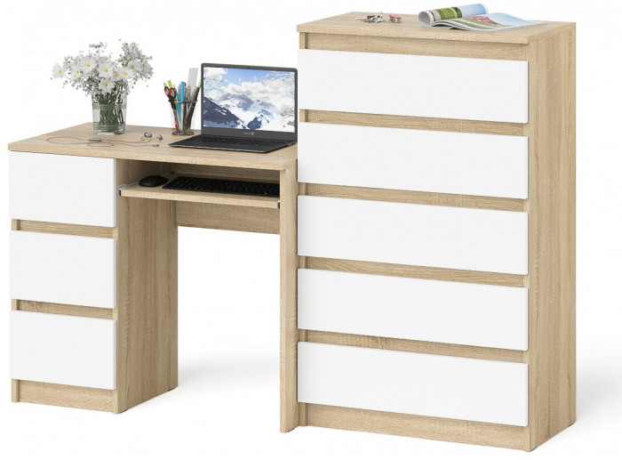 Мори Стол компьютерный МС-6 левый + Комод МК700.5, цвет дуб сонома/белый, ШхГхВ 160,4х50х114 см., выдвижные ящики слева, НЕ универсальная сборка