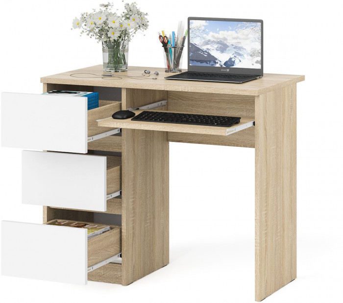 Мори Стол компьютерный МС-6 левый, цвет дуб сонома/белый, ШхГхВ 90х50х76,6 см., выдвижные ящики слева, НЕ универсальная сборка