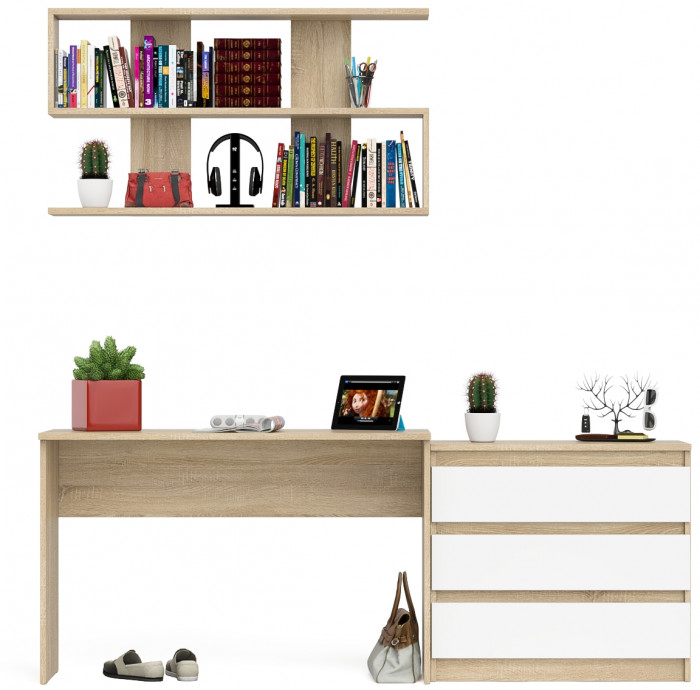 Мори Стол письменный МСП1200.1 + Комод МК800.1 + Полка 1200, цвет дуб сонома/белый, ШхГхВ 200,8х50х209,6 см., универсальная сборка