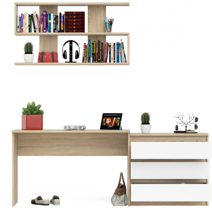 Мори Стол письменный МСП1200.1 + Комод МК800.1 + Полка 1200, цвет дуб сонома/белый, ШхГхВ 200,8х50х209,6 см., универсальная сборка