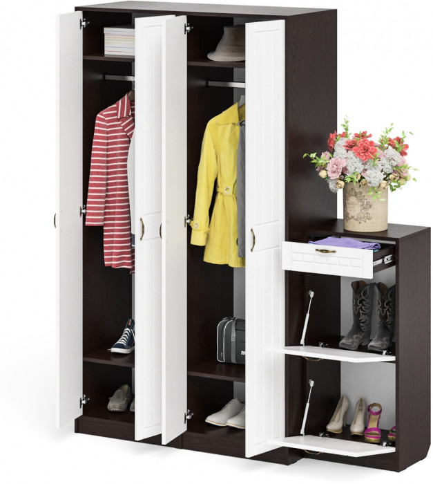 Прихожая П-6 Компоновка № 13, цвет венге/фасады МДФ белое дерево фрезеровка прованс, ШхГхВ 170х50х210 см., универсальная сборка