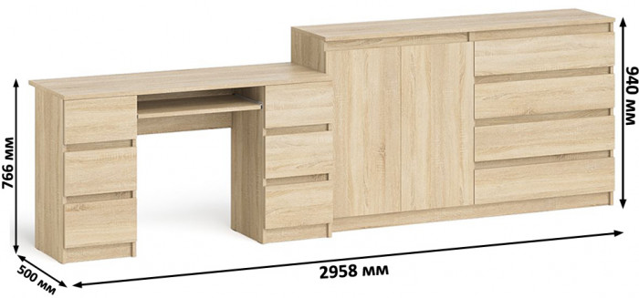 Мори компьютерный стол МС-2 + Комод МК1600.1, дуб сонома