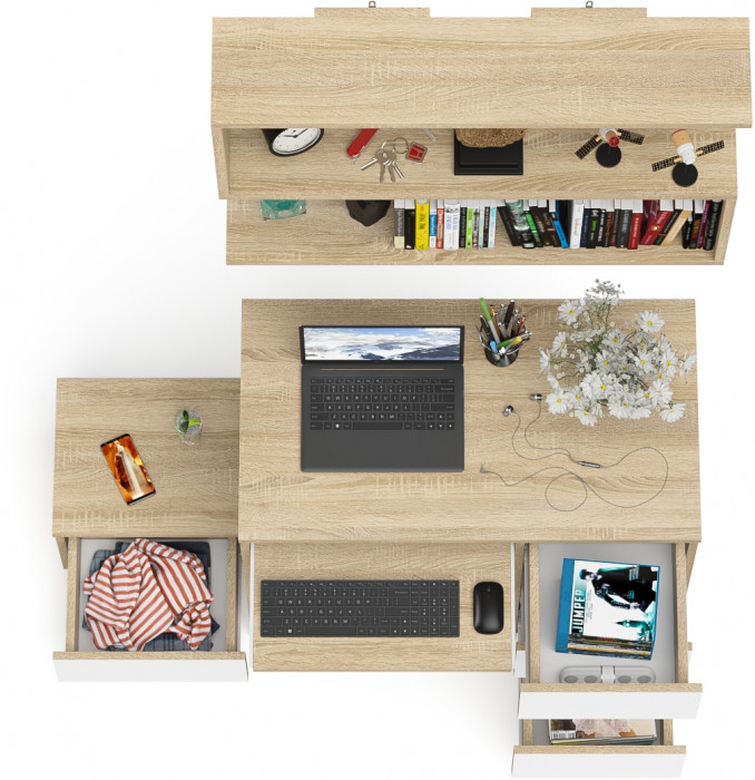 Мори компьютерный стол МС-6 правый + Тумба ТМП400.1 + Полка 900, дуб сонома/белый