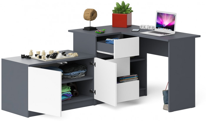 Мори Стол компьютерный МС-16 левый + Тумба МА900.1, цвет графит/белый, ШхГхВ 214,8х84,9х76,6 см., выдвижные ящики слева, НЕ универсальная сборка
