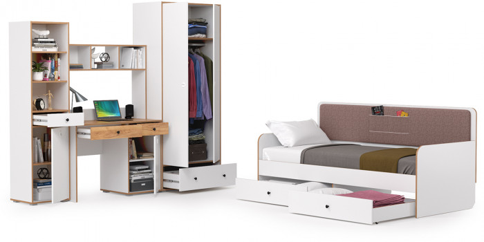 Вуди Компоновка № 36, цвет белый премиум/дуб крафт золотой/саванна латте, сп. м. 900х2000 мм., б/м, основание есть, матрас высотой до 200 мм.