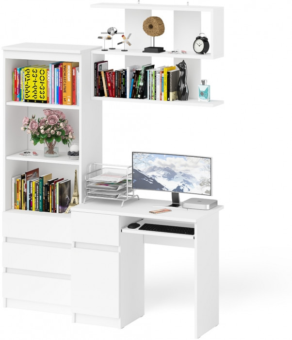 Мори Стол компьютерный МС-1 левый + Стеллаж МСТ600.3 + Полка 900, цвет белый, ШхГхВ 150,4х50х209,6 см., НЕ универсальная сборка