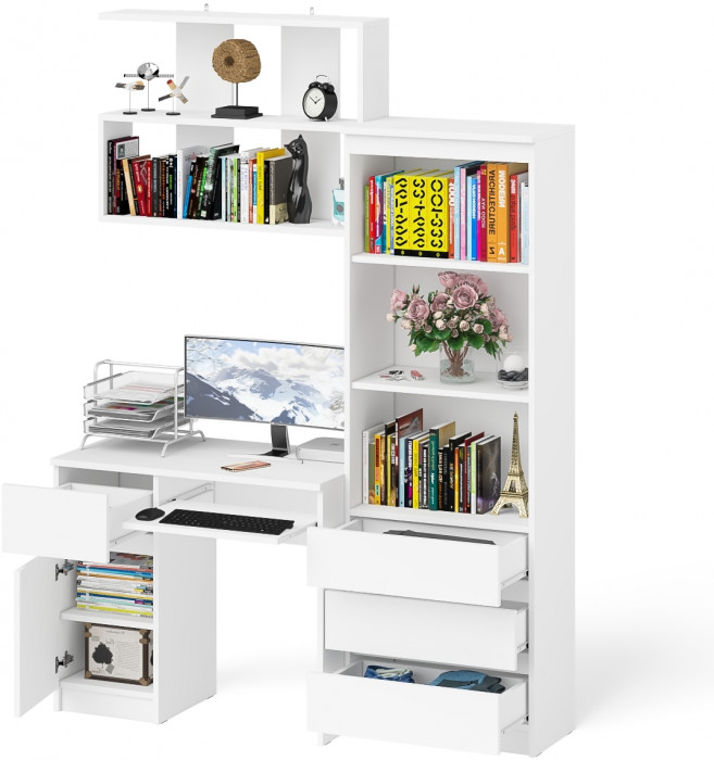 Мори Стол компьютерный МС-1 левый + Стеллаж МСТ600.3 + Полка 900, цвет белый, ШхГхВ 150,4х50х209,6 см., НЕ универсальная сборка