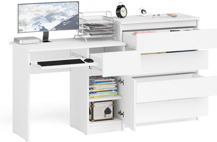 Мори Стол компьютерный МС-1 правый + Комод МК800.4, цвет белый, ШхГхВ 170,4х50х94 см., выдвижной ящик справа, НЕ универсальная сборка