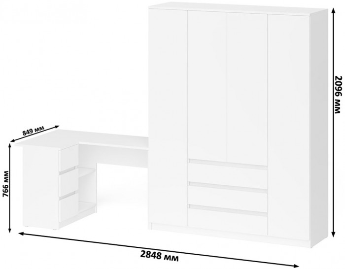 Мори Стол компьютерный МС-16 левый + Шкаф МШ1600.1, цвет белый, ШхГхВ 284,8х84,9х209,6 см., выдвижные ящики слева, НЕ универсальная сборка