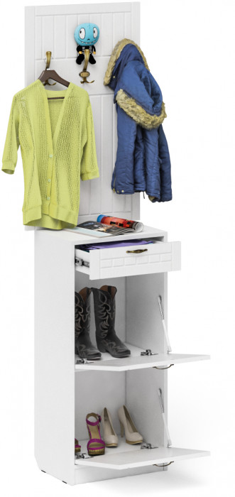 Прихожая П-6 Тумба для обуви 2 секции + Вешалка, белая шагрень/фасады МДФ белое дерево фрезеровка прованс