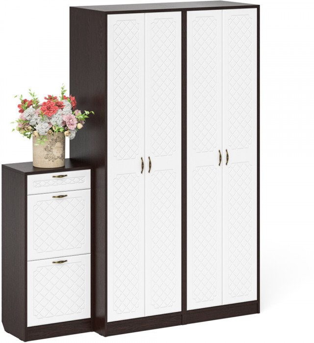 Прихожая П-6 Компоновка № 13, цвет венге/фасады МДФ белое дерево фрезеровка ромб, ШхГхВ 170х50х210 см., универсальная сборка