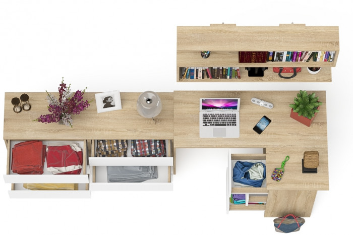 Мори компьютерный стол МС-16 правый + Комод МК1380.6 + Полка 1200, дуб сонома/белый