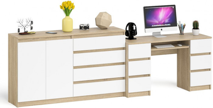 Мори компьютерный стол МС-2 + Комод МК1600.1, дуб сонома/белый