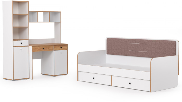 Вуди Компоновка № 37, цвет белый премиум/дуб крафт золотой/саванна латте, сп. м. 900х2000 мм., б/м, основание есть, матрас высотой до 200 мм.