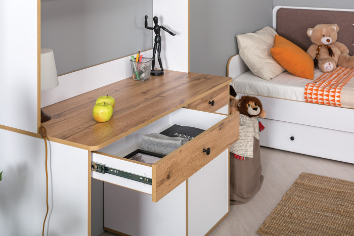 Вуди Компоновка № 37, цвет белый премиум/дуб крафт золотой/саванна латте, сп. м. 900х2000 мм., б/м, основание есть, матрас высотой до 200 мм.