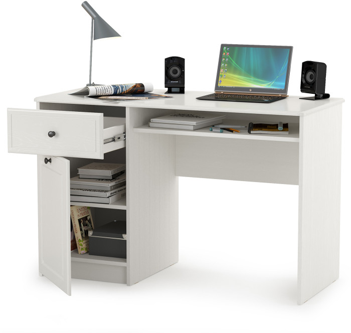 Роуз 12.148 письменный стол, ЛДСП белый(тиснение Поры дерева)/МДФ ясень ваниль